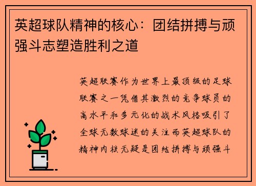英超球队精神的核心：团结拼搏与顽强斗志塑造胜利之道