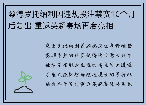 桑德罗托纳利因违规投注禁赛10个月后复出 重返英超赛场再度亮相